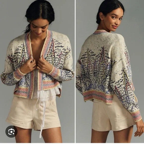 Pilcro Anthropology Cropped Cardigan Sweater Cream and Blue Medium - Picture 1 of 11